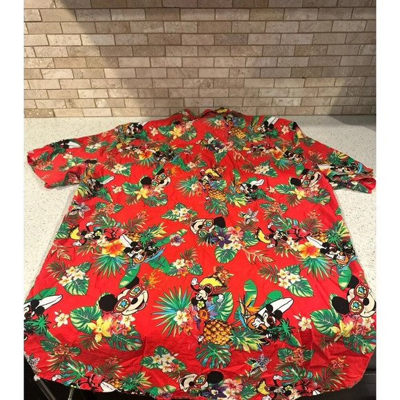 Disney Mickey Mouse Size L Red Floral Tropical Hawaiian Shirt Red Multicolor g6 - Picture 2 of 2